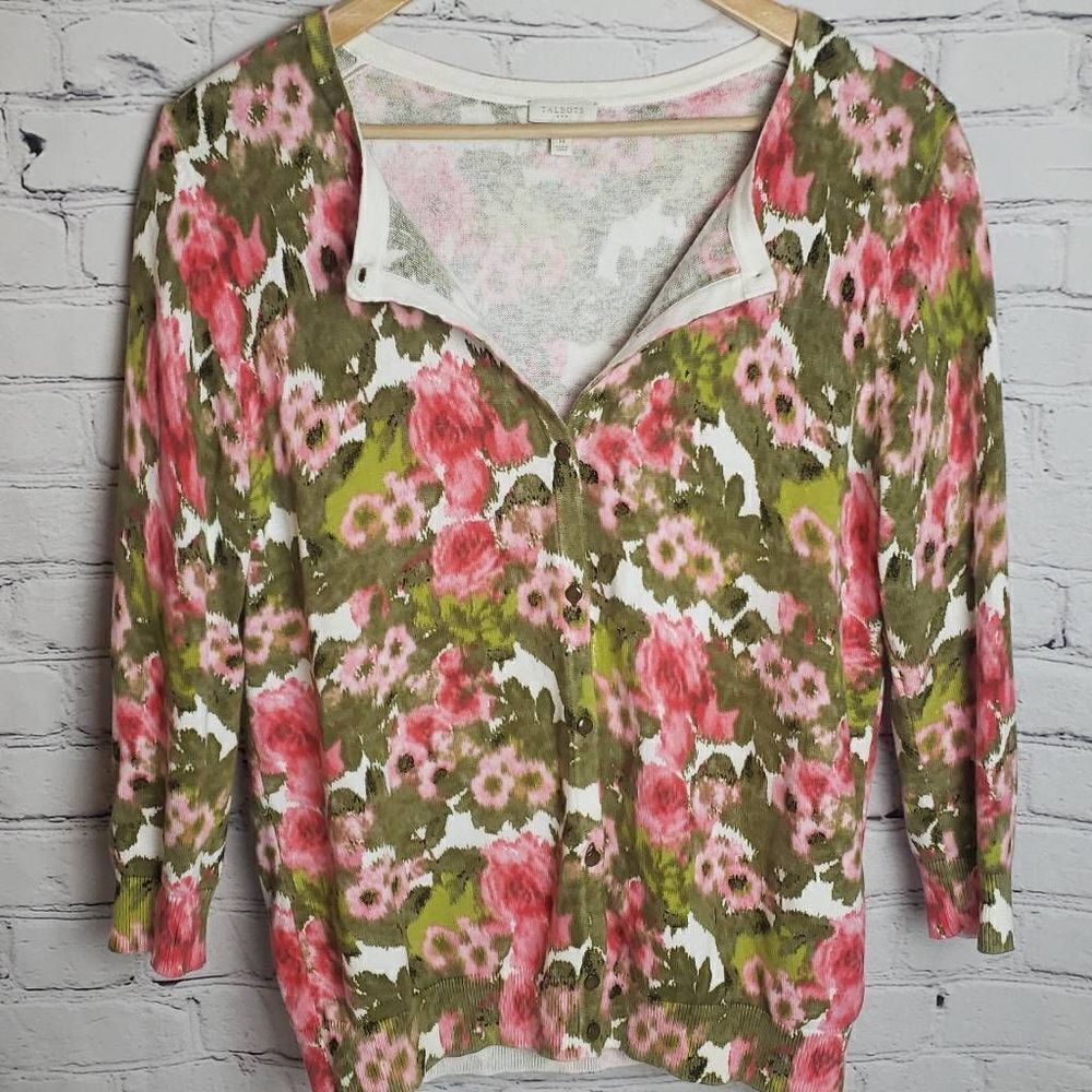 Talbots Pink and Green Floral Cardigan Sweater